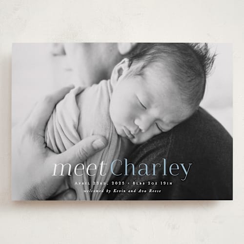 This is a sky blue grand birth announcements with standard by Hooray Creative called meet charley printing on recycled smooth signature in grand