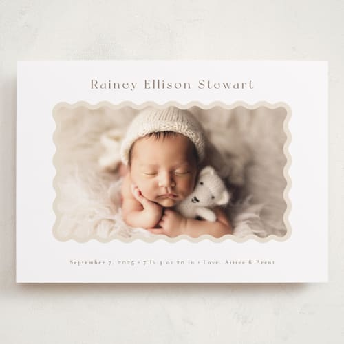This is a oatmeal grand birth announcements with standard by Jennifer Wick called applique printing on smooth signature in grand