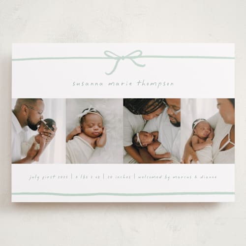 This is a mint grand birth announcements with standard by Erin L. Wilson called gift printing on smooth signature in grand
