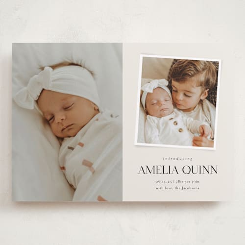 This is a cream grand birth announcements with standard by Jessica Williams called petite introduction printing on recycled smooth signature in grand