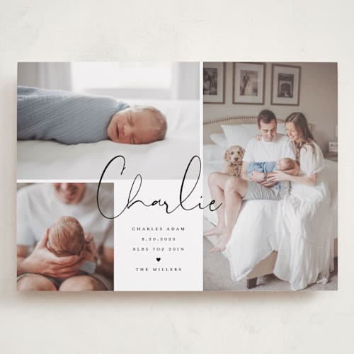 This is a night grand birth announcements with standard by Michelle Taylor called trio of love printing on smooth signature in grand