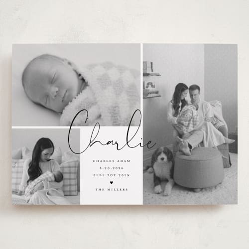 This is a night grand birth announcements with standard by Michelle Taylor called trio of love printing on smooth signature in grand