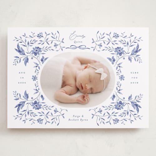 This is a bluebird grand birth announcements with standard by Susan Zinader called daisy toile printing on recycled smooth signature in grand