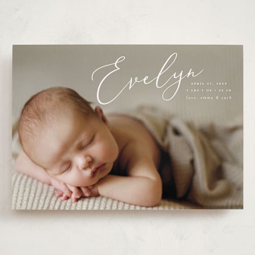 This is a sage grand birth announcements with standard by Ashley Rosenbaum called signature printing on smooth signature in grand