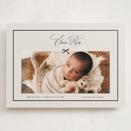This is a charcoal grand birth announcements with standard by Chelsea Petaja called elegant bow holiday printing on recycled smooth signature in grand