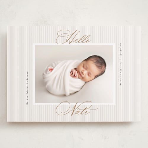 This is a sand grand birth announcements with standard by Gwen Bedat called sweet stripes printing on smooth signature in grand