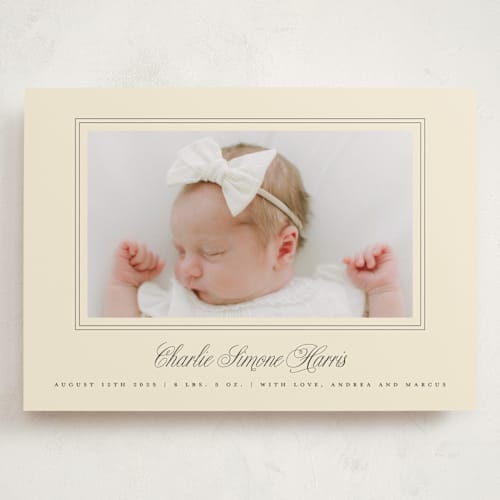 This is a creme grand birth announcements with standard by mo kelley called classical border printing on smooth signature in grand