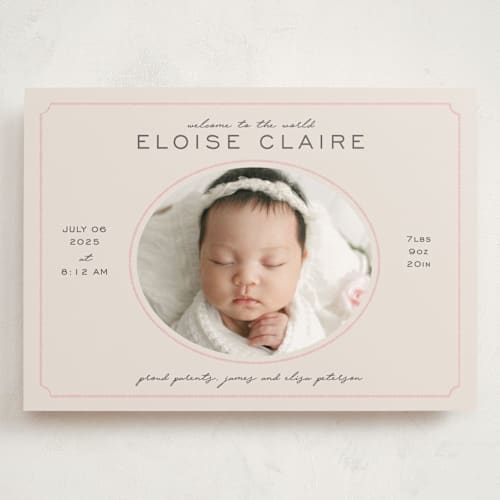 This is a petal grand birth announcements with standard by Melissa Egan of Pistols called prim printing on smooth signature in grand