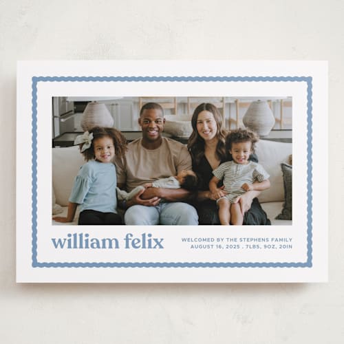 This is a water grand birth announcements with standard by Lea Delaveris called first impression printing on smooth signature in grand