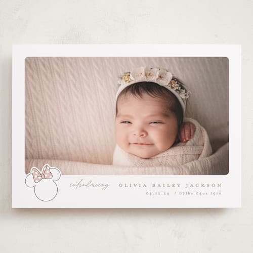 This is a peony grand birth announcements with standard by Creo Study called disney's minnie's bow printing on recycled smooth signature in grand