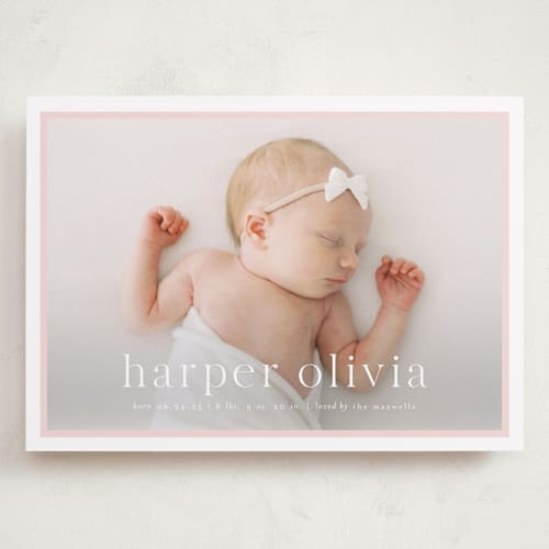 This is a rose grand birth announcements with standard by Alexandra Cohn called portraiture printing on smooth signature in grand