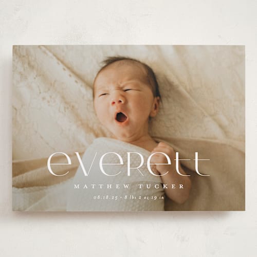 This is a linen grand birth announcements with standard by Erica Krystek called modern name printing on smooth signature in grand