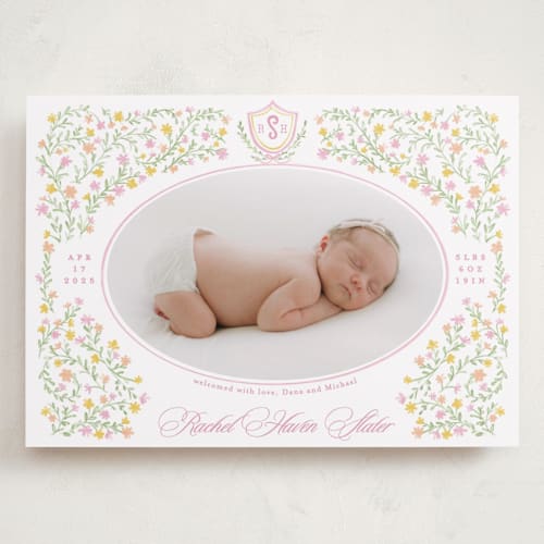 This is a cotton candy grand birth announcements with standard by Creo Study called cottagecore printing on smooth signature in grand