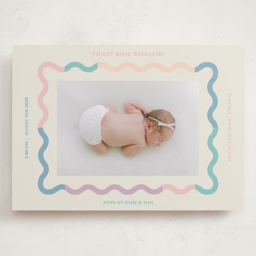 This is a cream grand birth announcements with standard by Baumbirdy called wavy pastel frame printing on recycled smooth signature in grand