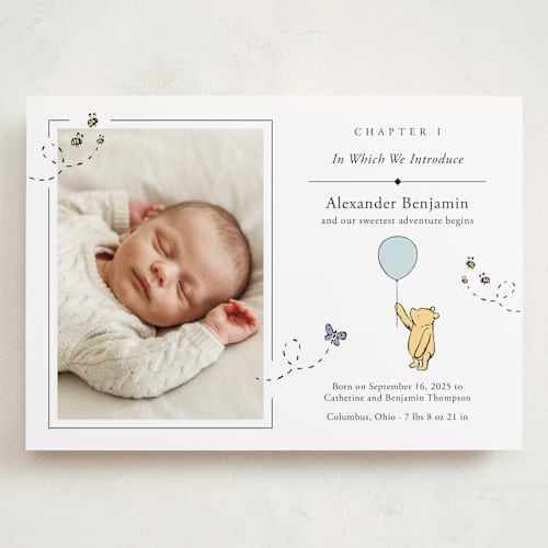 This is a cloud grand birth announcements with standard by Heather Schertzer called disney sweetest adventure printing on smooth signature in grand