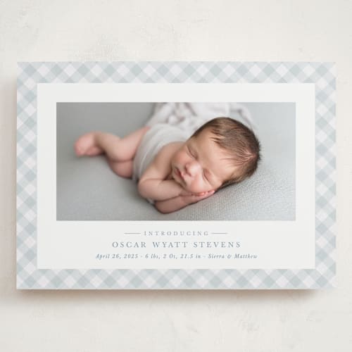 This is a sky grand birth announcements with standard by Lea Delaveris called checked printing on smooth signature in grand