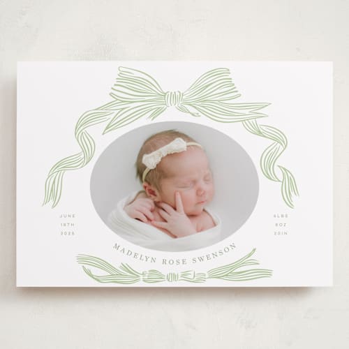 This is a mint grand birth announcements with standard by Stephanie Hawkes called ribbon bow frame printing on smooth signature in grand