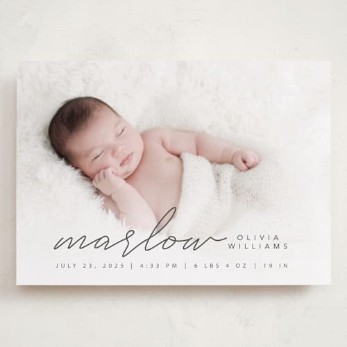 This is a graphite grand birth announcements with standard by Megan Cash called marlow printing on recycled smooth signature in grand