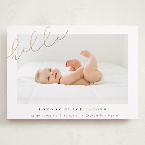 This is a warm grey grand birth announcements with foil pressed by Shirley Lin Schneider called angled hello printing on smooth signature in grand