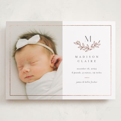 This is a lace grand birth announcements with foil pressed by Jessica Williams called graceful laurels printing on smooth signature in grand