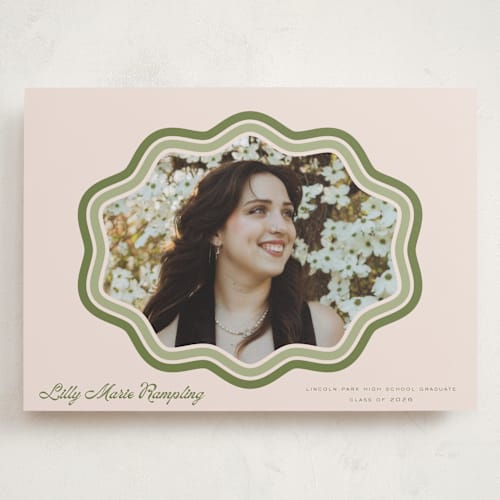 This is a matcha graduation announcements with standard by Melanie Kosuge called scalloped printing on recycled smooth signature in grand