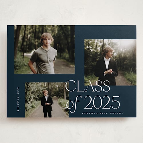 This is a navy graduation announcements with standard by Kelly Schmidt called troi printing on recycled smooth signature in grand