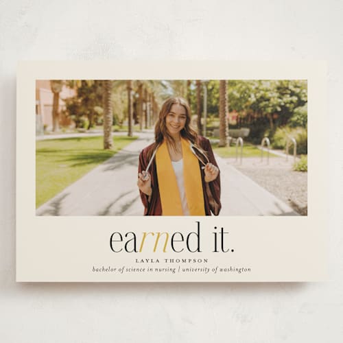 This is a marigold graduation announcements with standard by Louise Kay called earned it printing on recycled smooth signature in grand