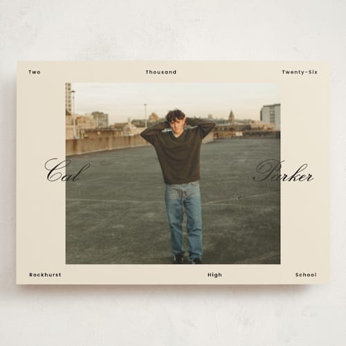 This is a sand graduation announcements with standard by Rachel Cassel called perfectly scripted printing on recycled smooth signature in grand