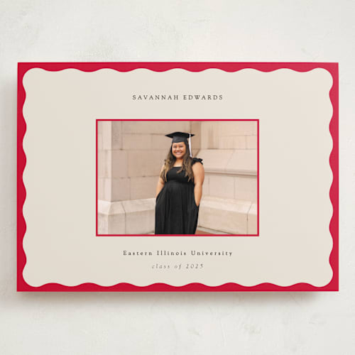 This is a crimson graduation announcements with standard by Baumbirdy called decorative frame printing on recycled smooth signature in grand