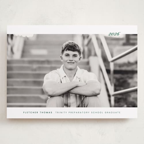 This is a forest graduation announcements with standard by Sara Hicks Malone called deerfield printing on recycled smooth signature in grand