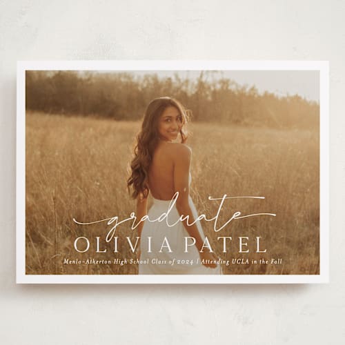 This is a snow graduation announcements with standard by Sarah Curry called graduate script printing on recycled smooth signature in grand