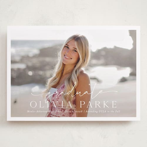 This is a snow graduation announcements with standard by Sarah Curry called graduate script printing on recycled smooth signature in grand