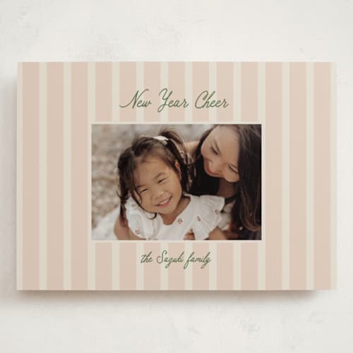 This is a salmon holiday photo cards with standard by Ellen Schlegelmilch called script & stripes printing on recycled smooth signature in grand