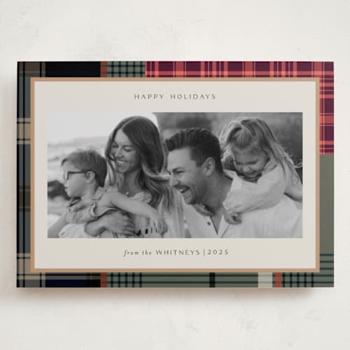 This is a rustic holiday photo cards with standard by Makewells called antiqued plaid printing on recycled smooth signature in grand