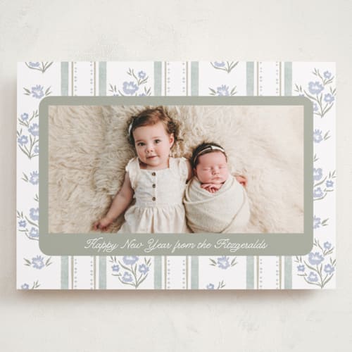 This is a periwinkle holiday photo cards with standard by Jackie Crawford called cottage watercolor ribbon printing on recycled smooth signature in grand