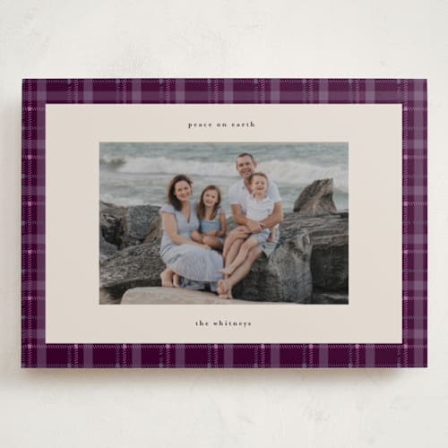 This is a plum pudding holiday photo cards with standard by Makewells called plaid peace printing on recycled smooth signature in grand
