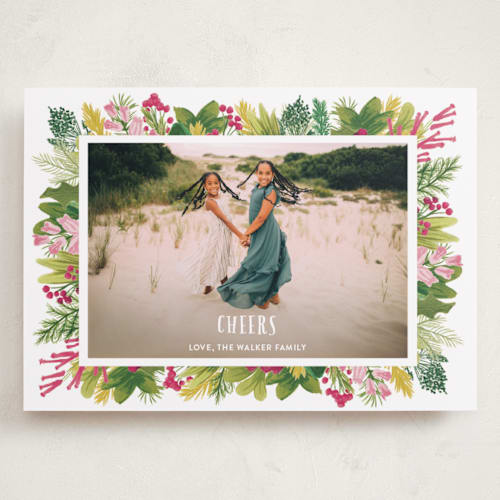 This is a vintage rose holiday photo cards with standard by Shiny Penny Studio called tropical pines frame printing on recycled smooth signature in grand