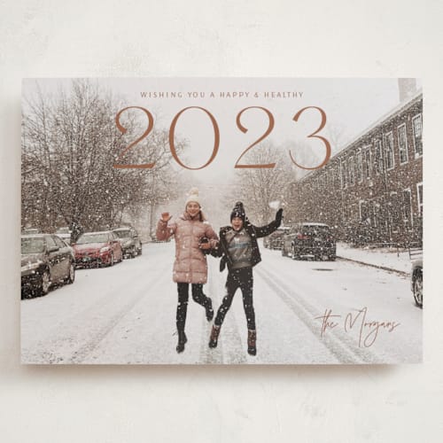 This is a maple holiday photo cards with standard by Yaling Hou Suzuki called leaping printing on recycled smooth signature in grand