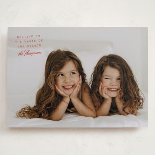 This is a cranberry holiday photo cards with standard by Heather Schertzer called believe printing on recycled smooth signature in grand