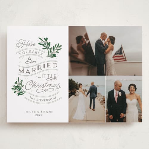 This is a evergreen holiday photo cards with standard by Sarah Brown called a little married printing on recycled smooth signature in grand