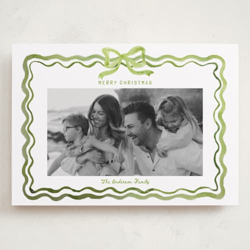 This is a sage holiday photo cards with standard by Cass Loh called watercolor ribbon frame printing on recycled smooth signature in grand