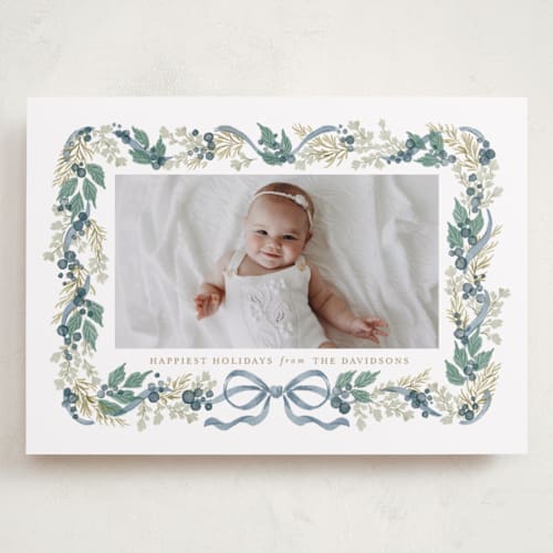 This is a blueberry holiday photo cards with standard by Jackie Crawford called watercolor bow garland printing on recycled smooth signature in grand