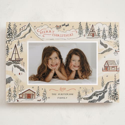 This is a eggnog holiday photo cards with standard by Becky Nimoy called snow and ivory winter scene printing on recycled smooth signature in grand