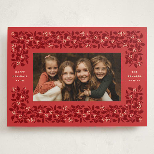 This is a holiday red holiday photo cards with standard by Olivia Kanaley Inman called bramble printing on recycled smooth signature in grand