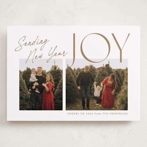 This is a butterscotch holiday photo cards with standard by Jackie Crawford called joyfully duo printing on recycled smooth signature in grand