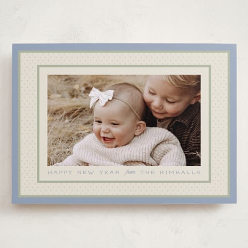 This is a periwinkle holiday photo cards with standard by Robert and Stella called polka dot frame printing on recycled smooth signature in grand