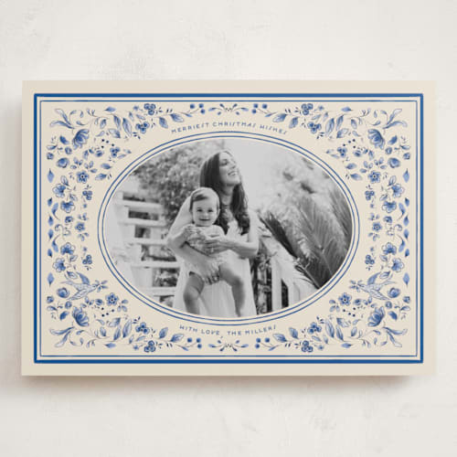 This is a porcelain holiday photo cards with standard by Sabrin Deirani called peaceful blooms in blue printing on recycled smooth signature in grand