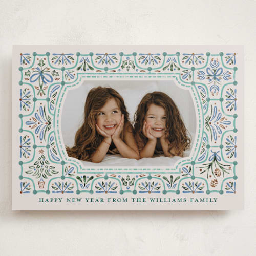 This is a aqua holiday photo cards with standard by Paper Sun Studio called festive folk frame printing on recycled smooth signature in grand