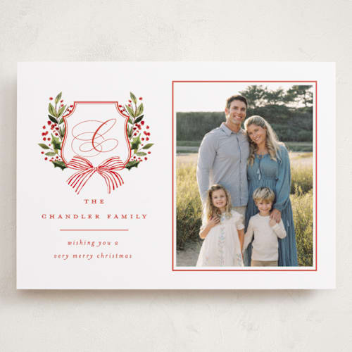 This is a holly berry holiday photo cards with standard by Brooke Chandler called classic merry crest printing on recycled smooth signature in grand