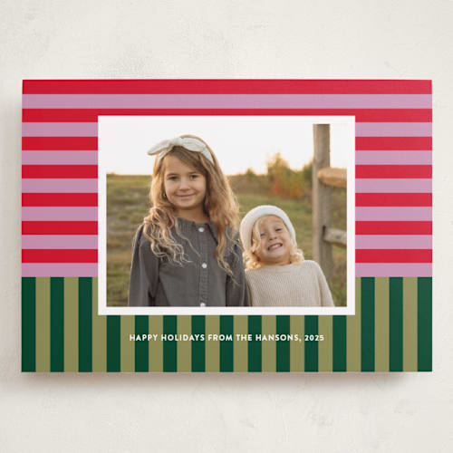 This is a candy cane holiday photo cards with standard by Shari Margolin called festive stripes printing on recycled smooth signature in grand